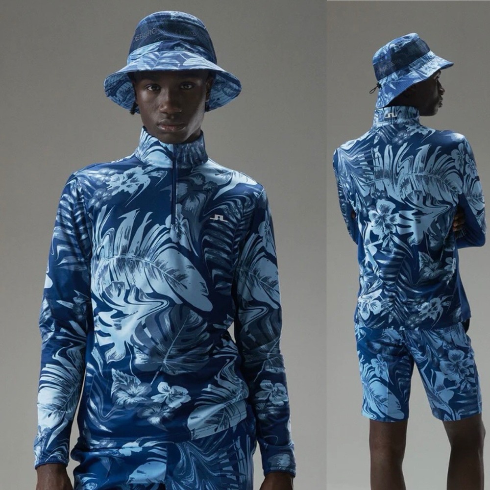 J. Lindeberg Emanuel Print Mid Layer Hibiscus Blue GMJS07417 Men's M Golf NEW
